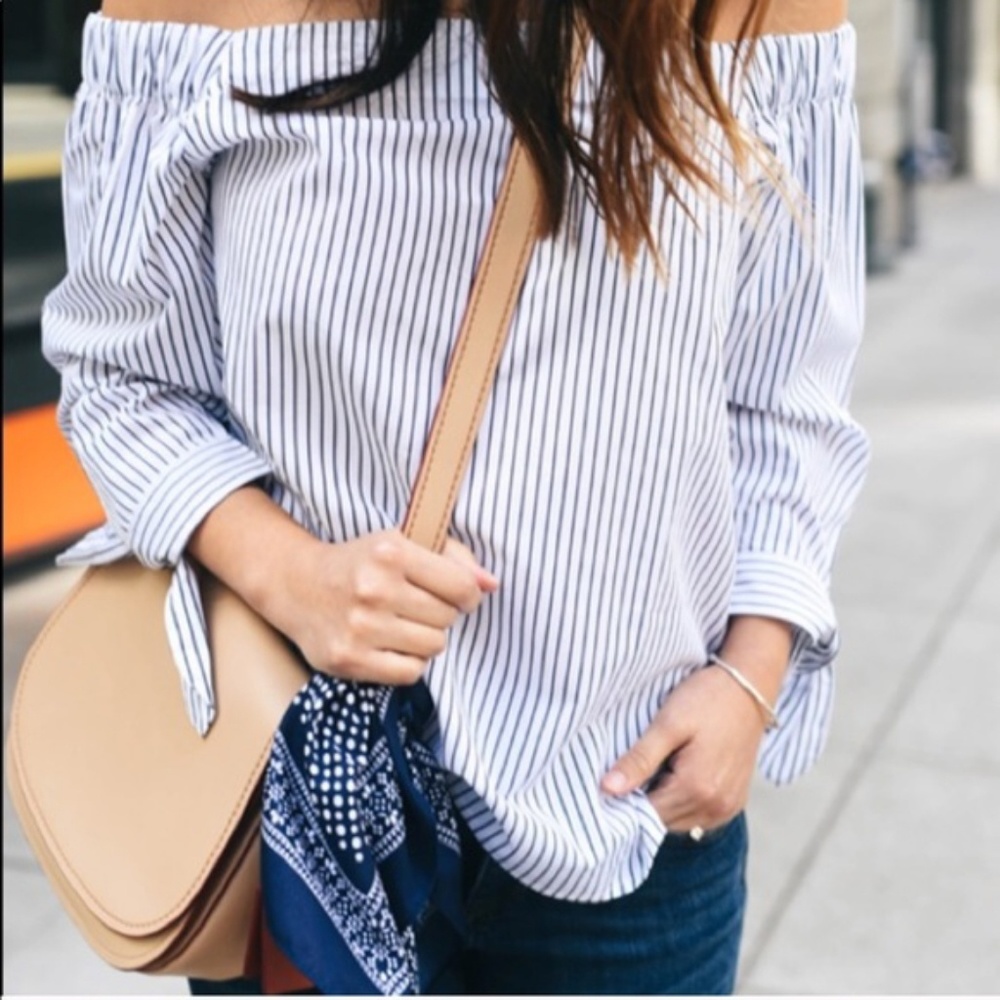 Off the Shoulder Pinstripe Blouse